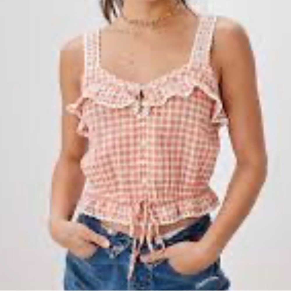 American Eagle Outfitters Pink Checkered Ruffle Blouse